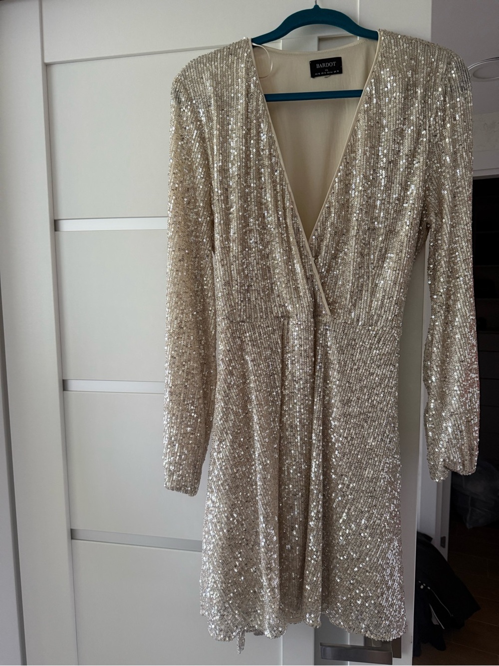 Bardot Champagne Sequin Long Sleeve Wrap Dress